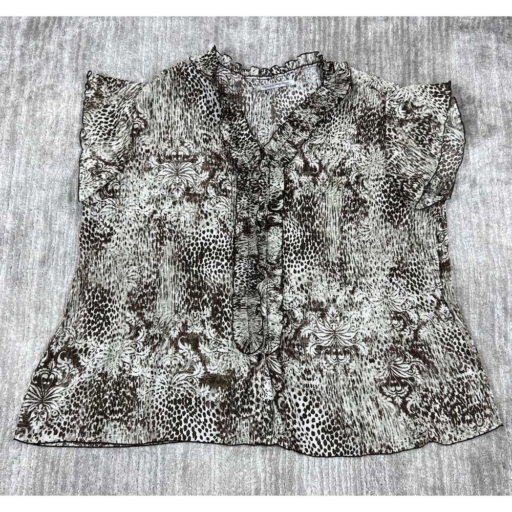 Signature By Larry Levine Top‎ Womens 2X Brown Abstract Button Up V-Neck
